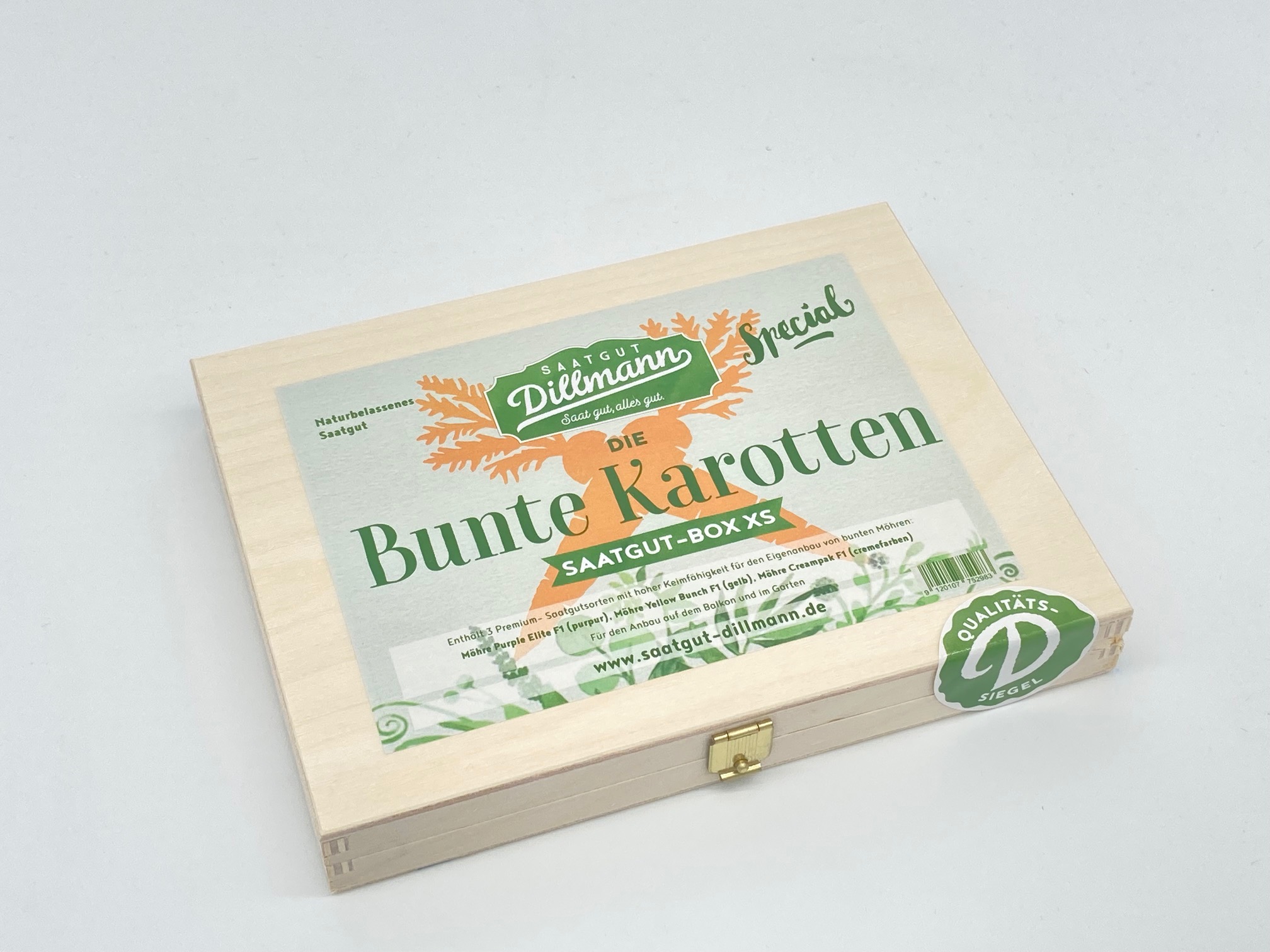Bunte Karotten Saatgut-Box XS (Holzbox mit Klappdeckel)