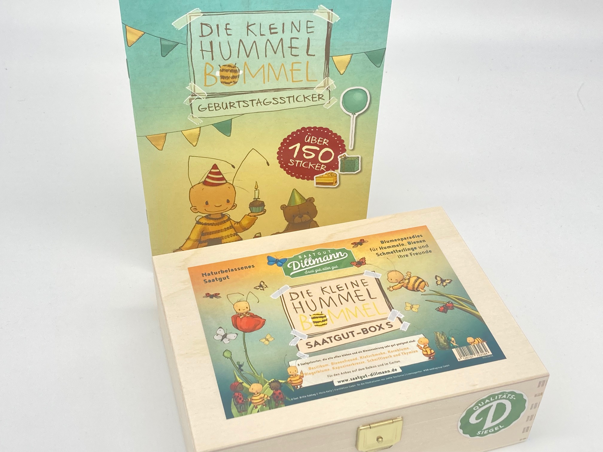 Hummel Bommel Saatgut-Box S (Holzbox) mit Geburtstagsstickern (Stickerbuch)
